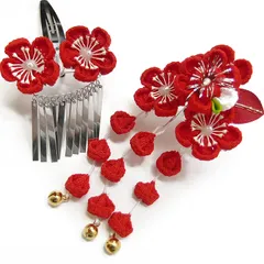 七五三 髪飾り 三歳 七歳 2個 セット パッチン留め かんざし 簪 つまみ細工 ちりめん 縮緬 びらびら お正月 お雛祭り 十三参り 浴衣 女児 女の子 子供 卒園 花 舞妓 W 髪飾り No.345 赤 m904