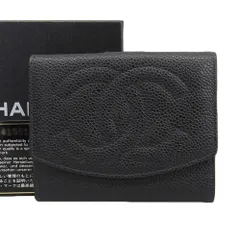 【本物保証】 希少 レア 箱・保付 シャネル CHANEL ココマーク コンパクト財布 シール付 4番台 Wホック折財布 キャビアスキン ブラック