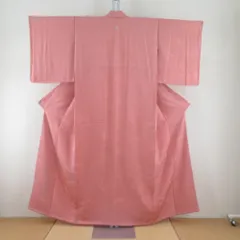 色無地 袷 薄オレンジ色 風景地紋 一つ紋 蔦紋 正絹 バチ衿 仕立て上がり着物 身丈156cm