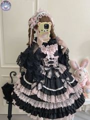 黒×ピンク ビロード素材コルセットロリータJSK レース多段フリルリボン