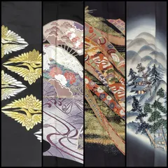 【3999円均一】リユース 豪華 黒留袖 4枚 まとめ売り リメイクに リサイクル着物 ドレス ワンピース ファブリック 小物 パーツ取り 金駒刺繍 金彩 泊 日本刺繍 束ね熨斗に草花 宝尽くし 向かい鶴 扇流し 流水扇 孔雀 風景