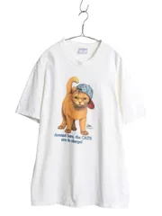 【お得なクーポン配布中!】 90s USA製 ネコ アート イラスト プリント Tシャツ メンズ レディース XL オールド アニマル キャラクター ヘビーウェイト 大きいサイズ 白