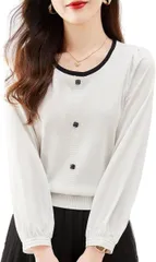 J-Scott バイカラーニットトップス 10分袖 パフスリーブ 丸首 飾りボタン トップスレディース おしゃれ 服装 トレンド レギュラー丈 コーディネート ふんわり袖 オシャレ JS106-WH-L(ホワイト,  L)
