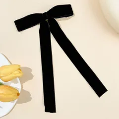 ☆ ブラック ☆ リボン　ヘアクリップ ヘアフック リボン ベロアリボン ロングリボン ベロア ヘアアクセサリー かわいい おしゃれ 大人 女性 女子 髪飾り 卒業式 入学式 結婚式 二次会 ヘアアレンジ シンプル コンサート 音楽会 ポニーテール