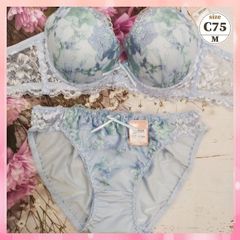 ★C75/M☆美胸ブラ＆ショーツセット 脇高 美シルエット 谷間メイク 脇サイドスッキリ パステル花々 水色