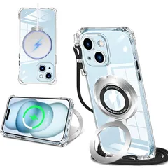 iPhone 15 Plus 用 ケース クリア MagSafe対応 リング付き ネック ショルダー アイフォン15plus 縄掛けケース 透明 肩掛け 斜めかけ 韓国 可愛い 縄掛け カバー 丸型スタンド付き マグネット搭載 縦横両対応 耐衝撃 ワイヤレ 1