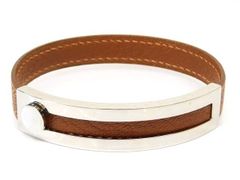美品 エルメス ■ プスプス □にF刻印 ブレスレット レザー×シルバーメタル ブラウン 茶 レディース バングル HERMES□7F