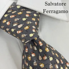 《美品》Salvatore Ferragamo (サルヴァトーレフェラガモ) シルクネクタイ イタリー製 総柄 猫 グレー オレンジ ピンク ゴールド