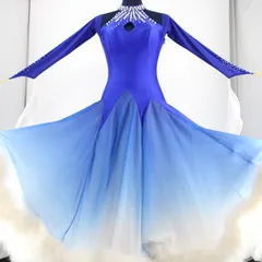 【美品 社交ダンス衣装】ブルー×豪華ファー ワンピース ドレス 青 グラデーション 水色 白 ホワイト ラインストーン レース フリル レース フロート ビーズ ボリューム 綺麗 上品