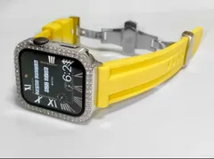 銀×黄アップルウォッチキラキラカバーケースAppleWatchラバーバンドベルト