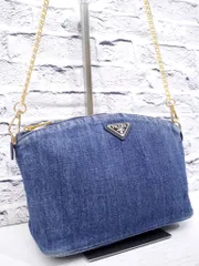 ◆ PRADA プラダ CANAPA カナパ クロスボディ チェーンストラップ デニム ミニ ショルダー バッグ カメラ バッグ ポーチ 青x金◆レアモデル