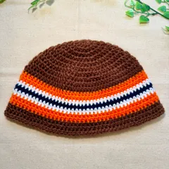 AW-7 秋冬用 クラッシャーハット アクリル バケットハット 男女兼用 ハンドメイド 手編み  クロシェハット  ブラウンXネイビーXオレンジXホワイト