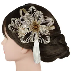 髪飾り 成人式 振袖 前撮り 水引 2点セット シャンパンゴールド 白 パールビーズ 袴 房 組紐 和柄 大きい 小さい 着物 和装 コ No.9-5385