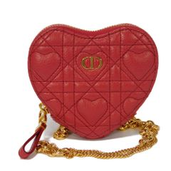 Dior ディオール カロ ハート チェーン ポーチ CDロゴ クロスボディ 2WAY コインケース カナージュ ステッチ レッド ショルダーバッグ S5097UNID
