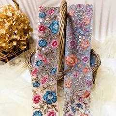 インド刺繍リボン 【me63】50㎝ 花柄   ピンク ブルー  花 刺繍リボン
