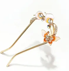 S.T.S.G 簪 かんざし バチ型 髪飾り 2本足 二本挿し 和装 振袖 浴衣アンティーク ペア 蝶 フラワー 花 ヘア アクセサリー アレンジ(橙色)