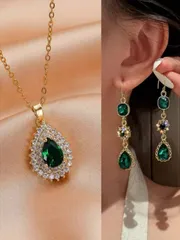 ジュエリー レディース セット ダークグリーン イヤリング&ネックレスセット 3点セット