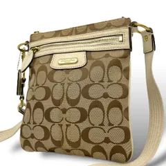 COACH コーチ ショルダーバッグ キャンバス/レザー 茶 アイボリー【中古】ユニセックス シグネチャー ミニサイズ 斜め掛け