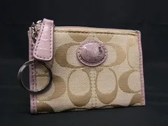 ■美品■ COACH コーチ シグネチャー キャンバス×レザー キーリング付き コインケース 小銭入れ ベージュ系×ライトピンク系 DE8553
