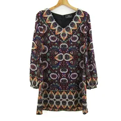 グレースコンチネンタル ワンピース 長袖 Vネック 総柄 トップス レディース 36サイズ ブラック×ピンク GRACE CONTINENTAL 【中古】