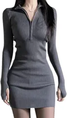 COCO&YUKA(ココアンドユカ) タイト ニット ミニワンピース 胸元 ジップ 長袖 Vネック レディース( グレー,  M)
