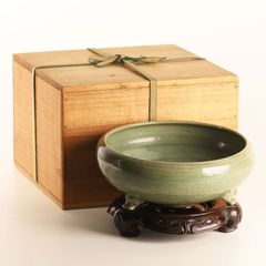 帝室技芸員 初代諏訪蘇山造 青磁 袴腰香炉 純銀 鳳凰文 透彫火舎 共箱