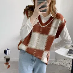 トップス ニットベスト チェック柄 Vネック ノースリーブ レトロ 大人 可愛い