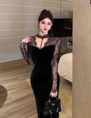 【新品・未使用】キャバドレス ベロア レース ミディ丈 タイト パーティー/ラウンジ エレガント 高級感 美シルエット 華やか 大人可愛い 写真映え お呼ばれ 二次会 同窓会 デートにも 旬トレンド