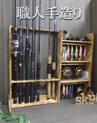 ロッドスタンド 10本 リールスタンド 小物置き 炙り加工 国産ヒノキ製