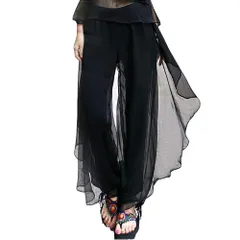 Free Size_ブラック [Ymgot] スカーチョ ガウチョパンツ レディース キュロット シフォン ワイドフレアパンツ ヨガウェア 社交ダンス ベリーダンス衣装 (ブラック)