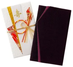 【特価セール】香典 結婚式 女性 男性 日本製 袱紗 ちりめん 金封 黒 紫 両用 (紫＋赤祝儀袋) 慶弔 セット 祝儀袋 ふくさ 珠音