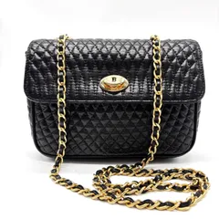 ✨良品✨ BALLY バリー ショルダーバッグ ポシェット 小物入れ フラップ ターンロック キルティング ゴールドチェーン ロゴ型押し ゴールド金具 ラムレザー 肩掛け 斜め掛け レディース ブラック 黒色
