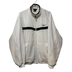 90s NIKE Nylon Zip Track JKT Windbreaker L 白 紺 刺繍 センターロゴ ナイロンジャケット ウインドブレーカー 古着