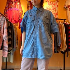 "Eddie Bauer"ブルー　フィッシングシャツ　半袖シャツ　ワークシャツ　刺繍