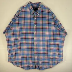 古着 ラルフローレン RALPH LAUREN 半袖シャツ ロゴ 刺繍 大きいサイズ 肉厚 ボタンダウン 2XL  水色 マルチカラー メンズ