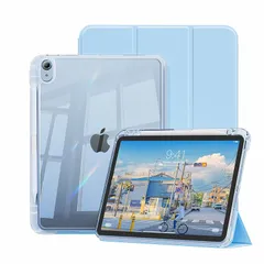 【新品】 JKSML iPad 11世代 ケース A16 (11インチ、2025モデル) iPad 第10世代 (10.9インチ、2022モデル)専用 取り外し可能な透明ケース ペン収納 耐衝撃 三つ折り 高級PU レザー 薄型軽量 良い手触り (ブルー) 0