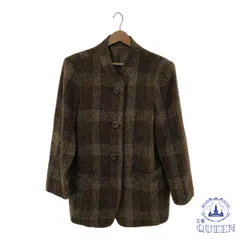 ☆美品☆ アウター ジャケット おしゃれ ノーカラー 長袖 レディース ブラウン チェック フリー 901-10096 送料無料 古着