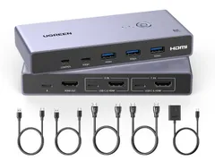 新品 UGREEN 8K@60Hz HDMI KVM切替器 2入力1出力 PC2台をUSB 3.0ポートx3 ＆ USB-Cポートx1 とモニター1台共有 KVMスイッチ 3D/CEC/HDRに対応 手元スイッチ & USBケーブル2本 & HDMIケーブル2