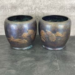 新潟県燕 志のぶ 銅製 火鉢 2点セット 亀 茶道具 約 25/25/23cm 1個1.3kg /5102077