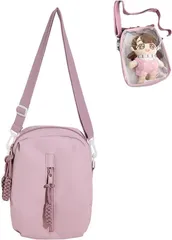 [Liebendo] 痛バッグ ショルダーバッグ ぬいポーチ 見せバッグ クリアバッグ ポーチ 斜めがけ スモール 2WAY 透明 Wファスナー 20cmぬいぐるみ 外出 おたく 推し活 痛バ 可愛い 小さめ (ピンク) [ピンク]