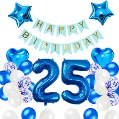 25歳誕生日 バルーン 風船 飾り付け セット ブルー 数字バルーン 25 HAPPY BIRTHDAYガーランド ハート風船 紙吹雪風船 バースデーバルーン 風船 男の子 女の子 祝い バースデー お祝い 飾り 記念日 部屋 撮影
