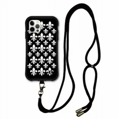 [iPhone13] スマホショルダー付 iPhone16 i-coronケース アイフォン 15 Pro Plus Pro Max 14 13 12 スマホケース ショルダー タイプ 背面保護 耐衝撃 ユリ 百合の紋章 ブラック メンズ