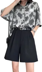 FEISEDY ハイウエスト ショートパンツ レディース 半ズボン 短パン ゆったり カジュアル 涼しい キュロットパンツ 脚長 Aライン 夏 無地 通勤 A8153( ブラック,  XL)