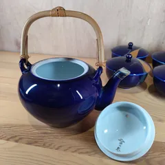 【美品】深川製磁 急須 湯呑 5客セット 蓋付  瑠璃色 鶴 ツル 金彩 金細工  陶器 宮内庁御用達 アンティーク ヴィンテージ JAPAN 日本 和食器 茶道具 お茶会 瑠璃 茶器 茶器揃