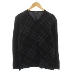 バーバリーブラックレーベル BURBERRY BLACK LABEL Tシャツ カットソー Vネック チェック 長袖 3 L 黒 ブラック /YM