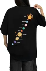 bubu o_hana(ブブ オーハナ) Tシャツ フロント バック プラネット プリント カジュアル トップス レディース 半袖 女性 用 春 夏 秋 冬 ビッグ シルエット オーバー サイズ(ブラック,  XL)