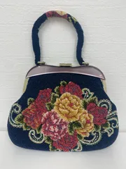 B-738【美品】 ビーズバッグ　花柄　ネイビー　がま口　和装バッグ　持ち手付　レトロ