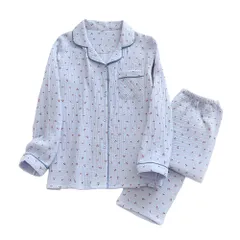 ☆ チェリー×ブルー ☆ L ☆ ルームウエア パジャマ ガーゼ 春夏秋冬 gpaj6019 パジャマ レディース 薄手 長袖 綿100% ルームウェア ナイトウェア 部屋着 寝間着 寝巻き 前開き セットアップ 上下セット おしゃれ かわいい 保温性 暖かい