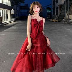 パーティードレス ミニドレス リボン ミディアム丈 カラードレス 赤 レッド Aラインドレス パーティードレス 花嫁 成人式 卒業式 膝丈 謝恩