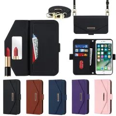 【在庫セール】Eastwave アイフォン SE 2022 第3世代 ケース 縄掛けカバー iPhone SE 2020 第2世代 手帳型 iPhone 8 7 手帳 case チェック柄 鏡 ミラー付き 長ストラップ付き 肩掛け 革レザー 柔らかいTPU 多